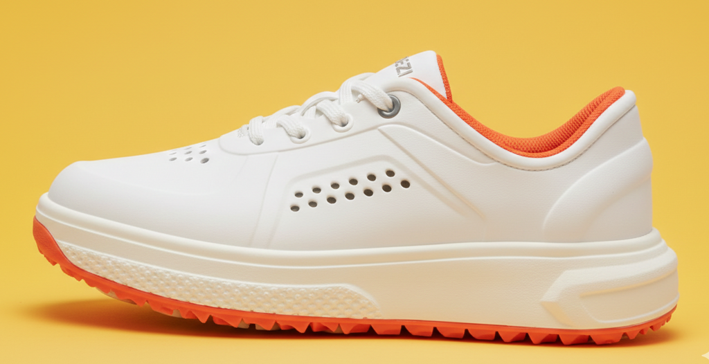 White golf sneaker with orange accents on a yellow background