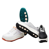 White, black, grey and red golf sneakers with colour accents on a white background